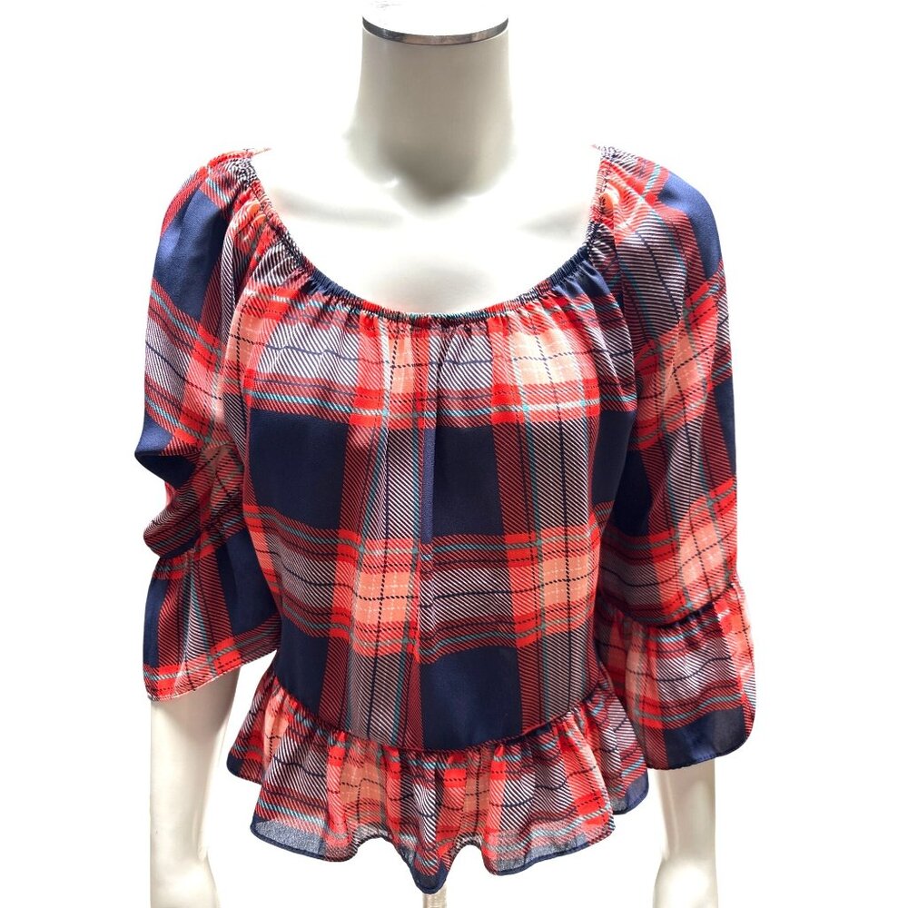 Copper Key Juniors XS Bell Sleeve Plaid Off Shoulder Ruffle Boho Blouse